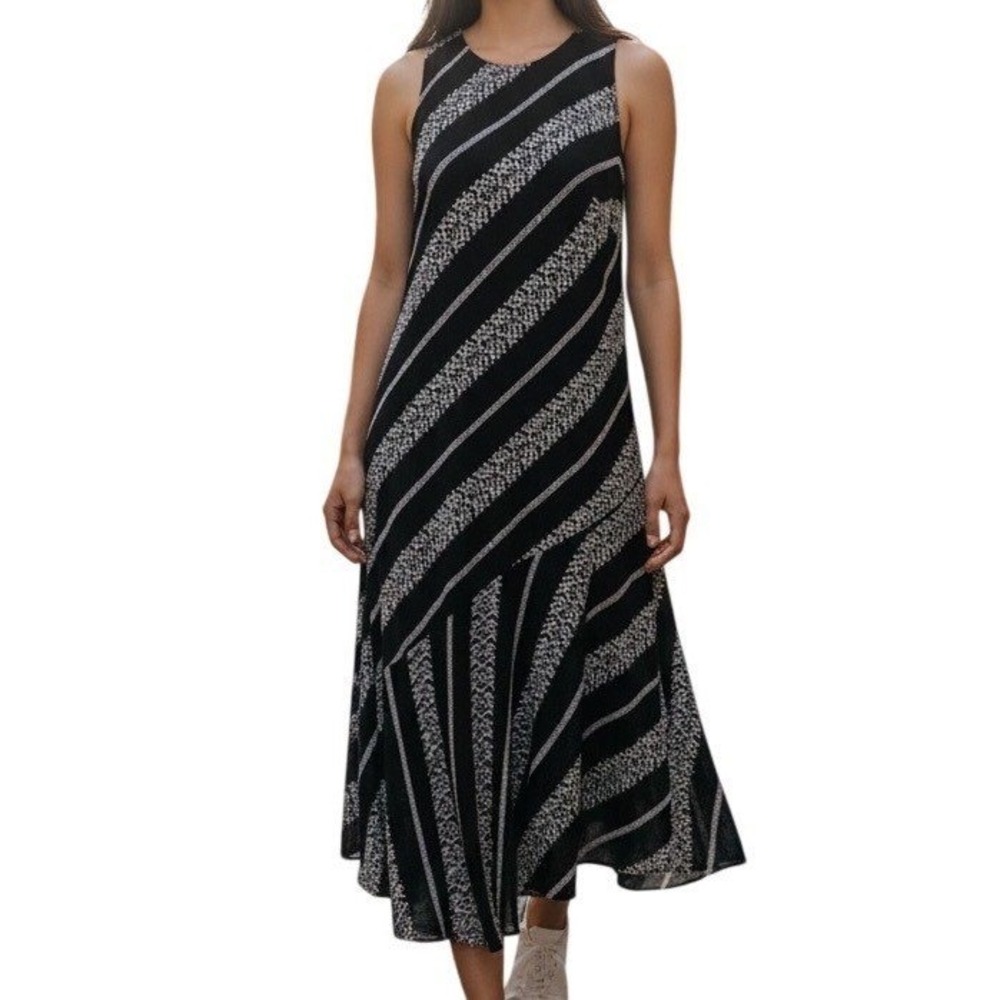 DONNA KARAN New York‎ Black White Striped Textured Asymmetric Midi Dress EUC 6